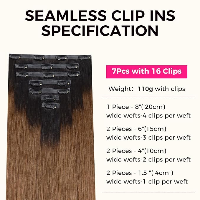 Lashey Light Yaki Straight Seamless Clip in Hair Extensions Human Hair 110g 7pcs Ombre Natural Black to Medium Auburn Hair Extensions Real Human Hair 24 Inch Long Human Hair Extensions for Women