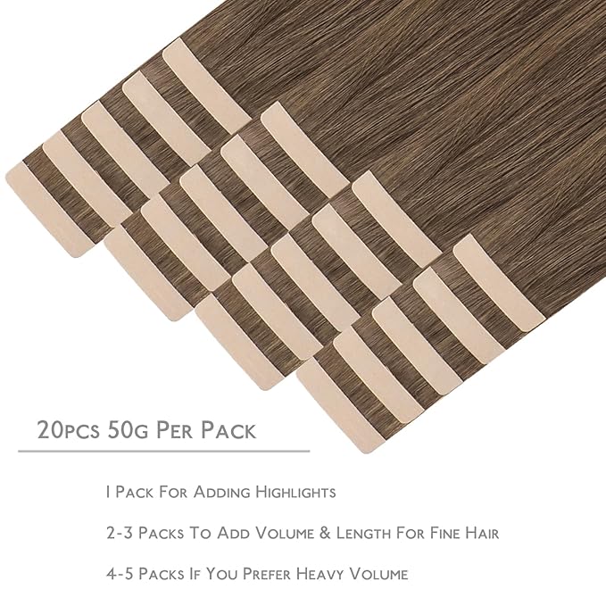 WENNALIFE Tape in Hair Extensions Human Hair, 20pcs 50g 22 inch Light Ash Brown Remy Hair Extensions Straight Human Hair Tape in Extensions Skin Weft Tape Extensions Human Hair