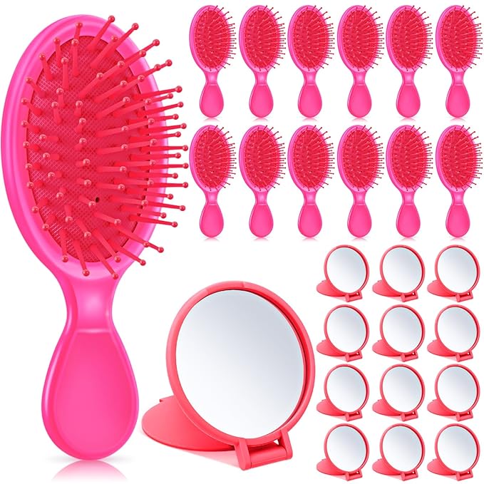 Meanplan 24 Pcs Mini Hair Brush Set 12 Travel Wet Dry Hair Combs Pocket Detangling 12 Compact Folding Makeup Mirror for Spa Sleepover Birthday Bridal Shower Bachelorette Christmas Party Gift(Rose Red)