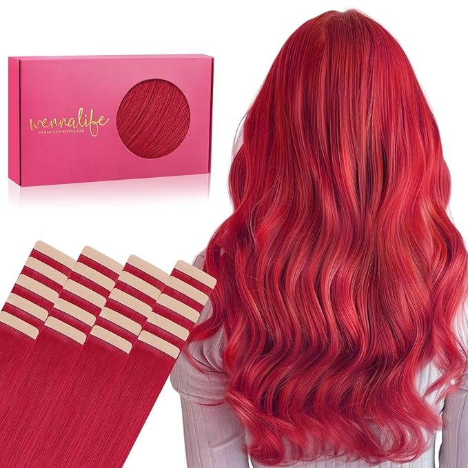 WENNALIFE Tape in Hair Extensions Human Hair, 20pcs 40g 12 inch Red Remy Hair Extensions Straight Human Hair Tape in Extensions Skin Weft Tape Extensions Human Hair
