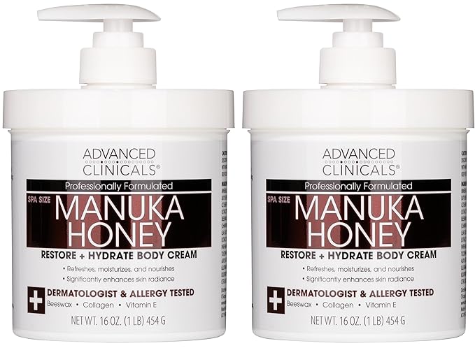 Advanced Clinicals Manuka Honey Body Cream For Women & Men | Body Butter Lotion For Extremely Dry Skin | Collagen Cream | Skincare Moisturizer Hydrating Balm Improves Look Of Aging Skin, 16Oz, 2-Pack