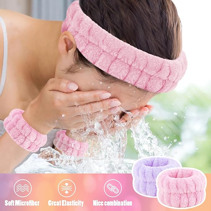 Face Wash Headband and Wristband Set of 2, Microfiber Wristbands for Washing Face Absorbent Spa Wristbands, Fitness