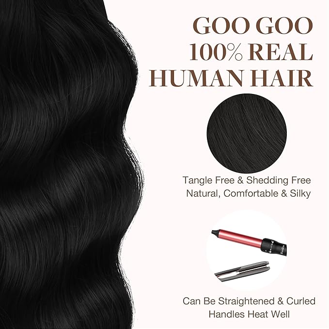 GOO GOO Tape in Hair Extensions Human Hair, 1 Jet black, 24inch 30g 10pcs, Skin Weft Seamless Invisible, Silky Straight with Thick Ends, Remy Human Hair