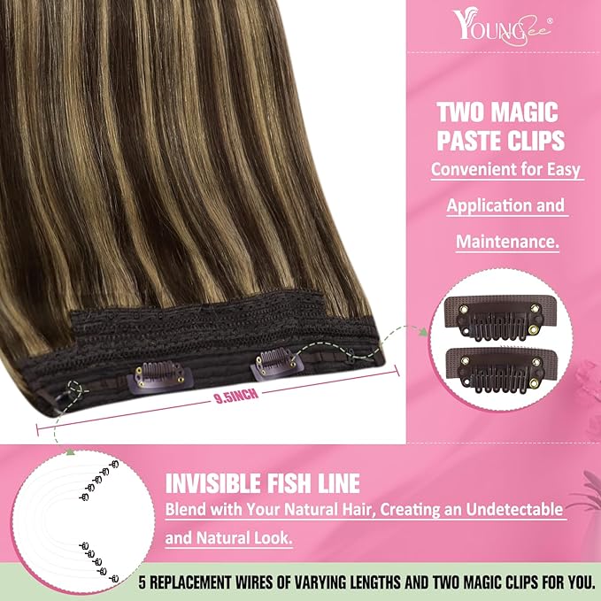 YoungSee Highlight Wire Hair Extensions Real Human Hair Invisible Wire Hair Extensions Dark Brown Highlights Caramel Blonde Fish Line Hair Extension Human Can Be Dyable 14inch 80g