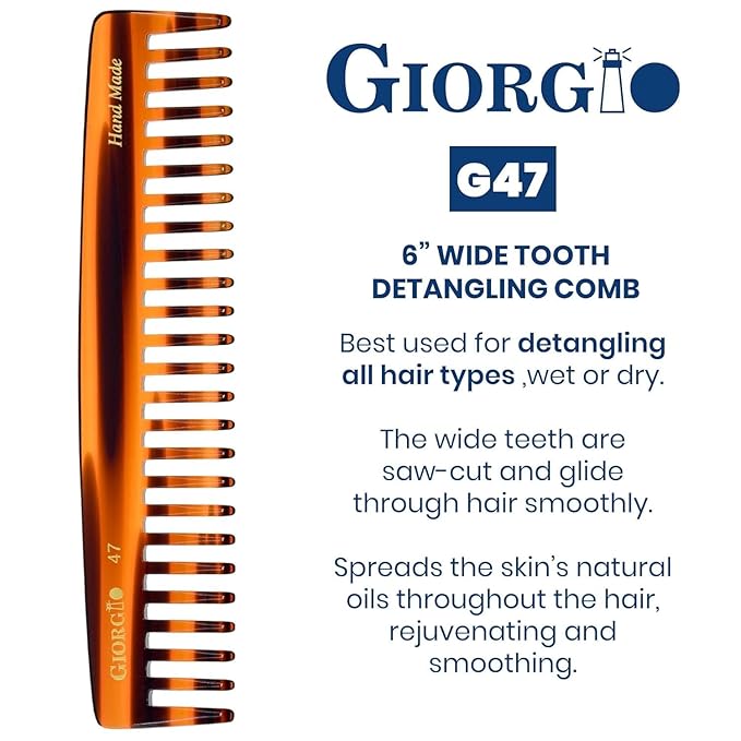 Giorgio G47 Detangling wide tooth comb for Thick Long Curly Wavy Hair. Detangler Comb For Wet and Dry Hair. Handmade, Extra Wide Tooth Comb Saw-Cut, Hand Polished, Tortoise Shell (6")