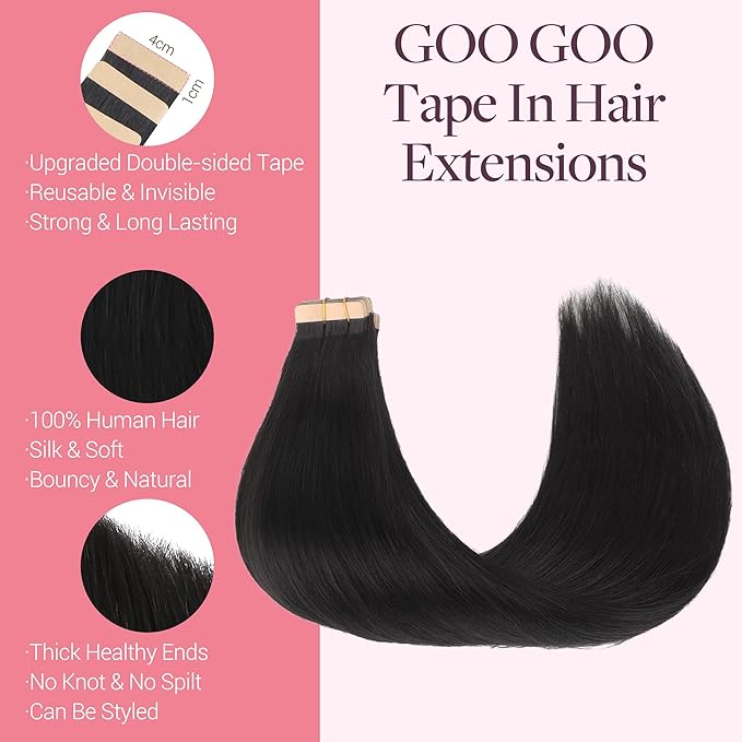 GOO GOO Tape in Hair Extensions Human Hair, 1B Natural black, 22inch 50g 20pcs, Skin Weft Seamless Invisible, Silky Straight with Thick Ends, Remy Human Hair