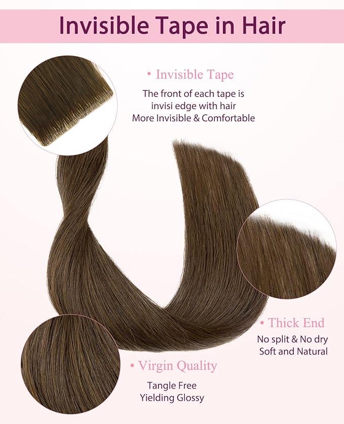 Pinkpearl Invisible Tape in Hair Extensions Human Hair, 20pcs 20inch 55g #4 Chocolate Brown Injection Tape in Extensions Real Remy Straight Seamless Silky Human Hair Injected