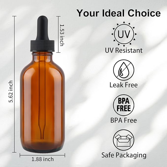 42 Pack 4oz Amber Glass Bottles with Glass Eye Droppers for Essential Oils, Perfumes & Lab Chemicals (Brush, Funnels, 3 Extra Droppers, 48 Pieces Labels & 30ml Measuring Cup Included)