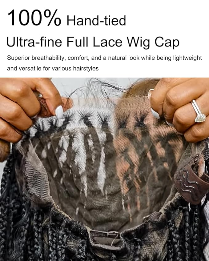 Human Hair Boho Curls Hand-Tied HD Full Lace Wig - 24" Salon-Level Small Box Synthetic Braids (80 Braids, Medium Density) Pre-Cut Swiss HD Lace, Pre-Plucked, Tangle-Free - 1B/27 Honey Blond