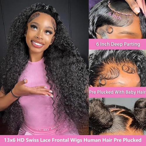 32 Inch 13x6 Deep Wave Lace Front Wigs Human Hair 200 Density 13x6 HD Lace Front Wigs Human Hair Pre Plucked Deep Curly Glueless Wig 100% Virgin Human Hair Lace Front Wigs for Women