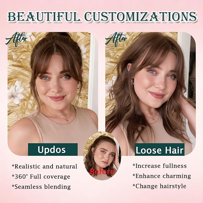 Benehair Clip on Bangs Human Hair, Front Hair Extensions for Women Hair Pieces with Temples for Daily Wear (Light Brown)