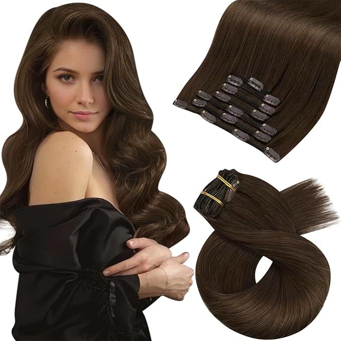 Moresoo Brown Hair Extensions Clip in Real Human Hair Medium Brown Remy Clip in Hair Extensions Human Hair #4 7pcs 120Grams 24inch