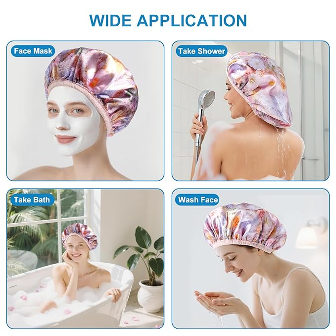Upgraded Waterproof Terry Shower Caps, Reusable Shower Cap for Women with Long Hair, Soft Absorbent Hair-Protecting Towel Lining Bath Cap, Large Leak-Proof Hair Cap with Fashionable Print Outer-Pink