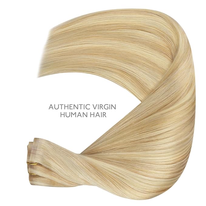 WENNALIFE Seamless Clip In Hair Extensions, 14 Inch 7pcs 130g Light Blonde Highlighted Golden Blonde Hair Extensions Clip In Real Human Hair Extensions Invisible PU Weft Human