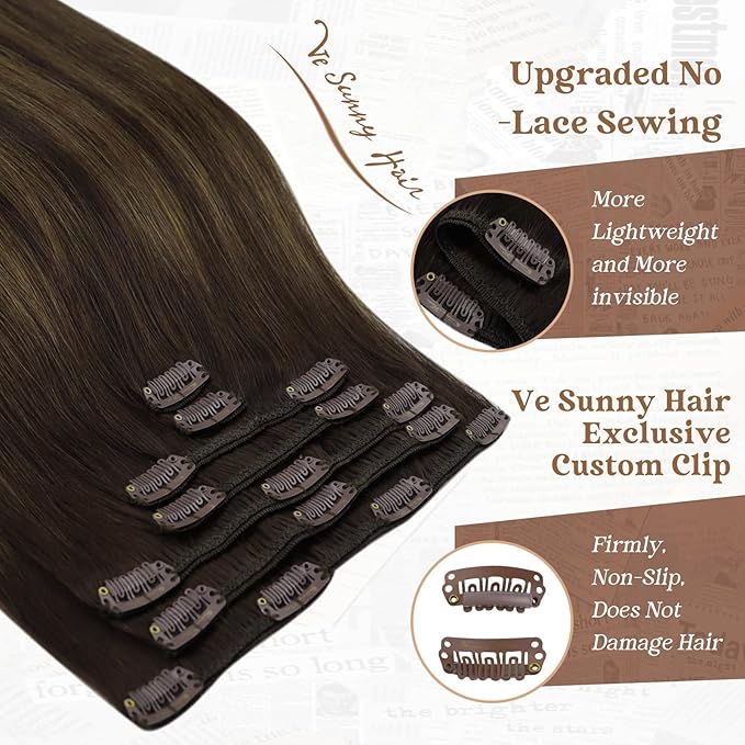 Ve Sunny Clip in Hair Extensions Thick Remy Human Hair Dark Brown Balayage Medium Brown Real Hair Extensions Clip in Human Hair Straight 18inch 7pcs 120g