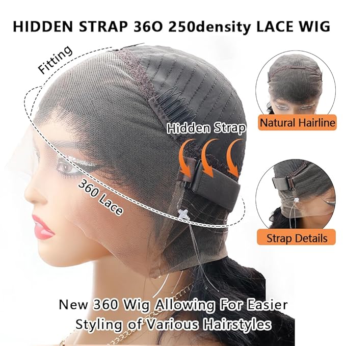 Hidden Strap Invisi Strap Straight 360 Glueless Wigs Human Hair Pre Plucked Pre Bleached Brazilian Virgin Wig With Drawstring 250 Density HD Full Lace Front Wigs Human Hair 22 Inch