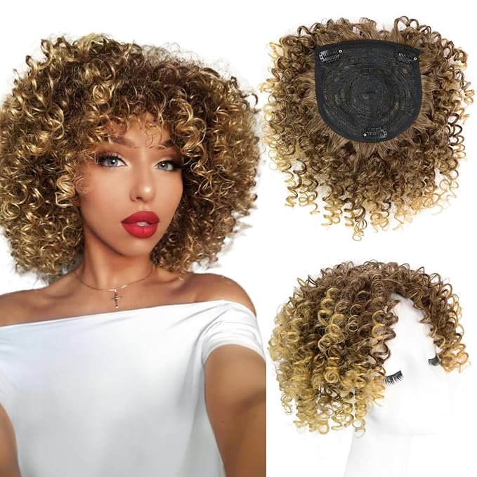 Natural Afro Kinky Curly Short Hair Toppers with Bangs Black Clip in Synthetic Wiglets Hair Pieces for Men and Women with Thinning Hair Instant Volume and Style(T27/33#)