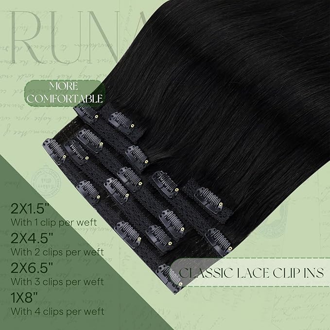 RUNATURE Clip in Hair Extensions Black Human Hair, Natural Black Human Hair Clip in Extensions, Long Hair Extensions Clip Ins, Full Head Brazilian Remy Hair, 24 Inch 135g 7pcs #1B