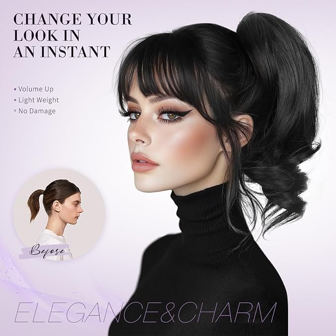 Clip on Ponytails for Women - 12 Inch Curly Black Ponytail Extension, Curly Pony Tails Hair Extensions, Synthetic Hair Extensions Ponytail, Natural Hair Pieces for Women (Color: Black)