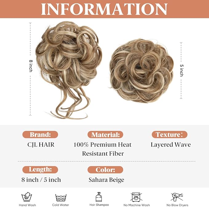 CJL HAIR 2PCS Messy Bun Hair Pieces Wavy Curly Synthetic Updo Chignon Fake Scrunchies Ponytail Extension for Women Sahara Beige