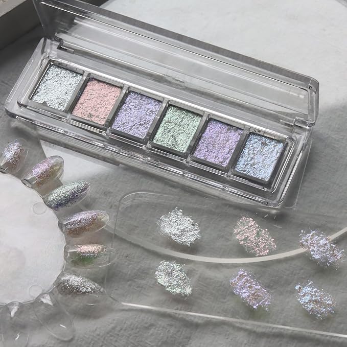 Iridescent Nail Glitter Set, 6 Colors Mud Texture Aurora Chrome Powder, Pink Blue Pearlescent Glitter, Chameleon Nail Flakes Gold Leaf, Holographic Manicure Decor