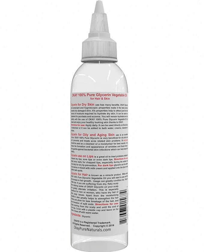 OKAY 100% Pure Glycerin Vegetable Oil - Natural Cleansing for Hair, Skin and Face, Liquid Glycerin to Moisurize and Hydrate for Women and Men - 6 Fl Oz (Pack of 1)