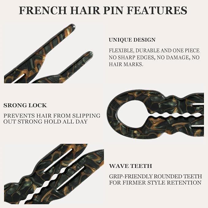 Sunolga 4pcs Prestige French Hair Pins for Women, 4.38" Large, Serrated Anti-Slip Design, Curved Shape for Better Head Fit, Coquette Elegant Hair Accessories for Updos, Chignon, Bun Hairstyles