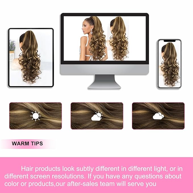 ALXNAN Ponytail Extension,24 Inch Claw Clip in Long Curly Wavy Chocolate Brown with Highlights Ponytail Hair Extension Jaw Clip on Pony Tails Hairpiece for Women