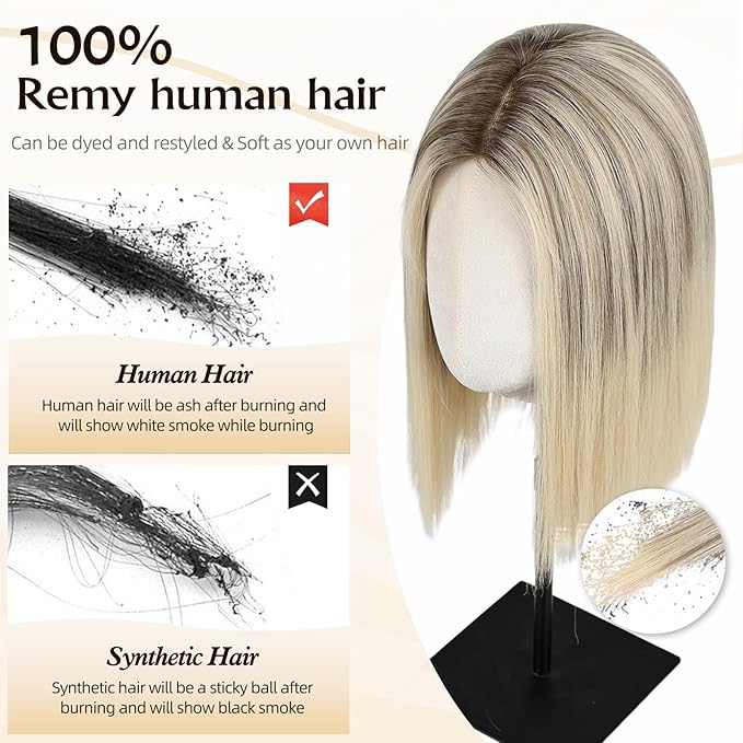 MONO TOP Hair Toppers for Women Human Hair 12 Inch 7"×8" Big Base Partial wig Cover Thinning Hair or Loss No Bangs Top Hair Pieces Natural Wiglets (Ombre Blonde)