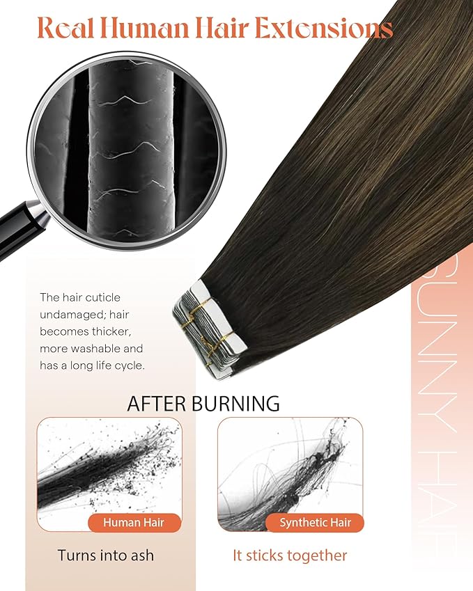 Sunny Hair Tape in Hair Extensions Human Hair 20 Inch Hair Extensions Real Human Hair Tape in Extensions for Women Darkest Brown Ombre Medium Brown Balayage Remy Hair Straight Skin Weft 40pcs 100g