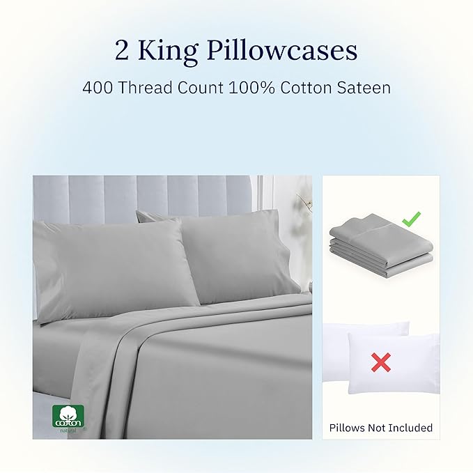 California Design Den King Size Pillowcase Set - 400 Thread Count, 100% Cotton Sateen, Set of 2 Pillow Covers, Soft and Breathable - Light Grey