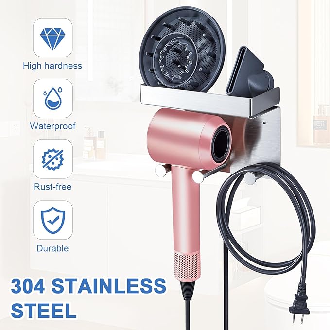 Hair Dryer Holder Wall Mounted, Stainless Steel Blow Dryer Holder for Attachments Storage, Hair Tool Organizer with Plug&Cord Hook, Adhesive Hairdryer Hanger for Bathroom, Silver
