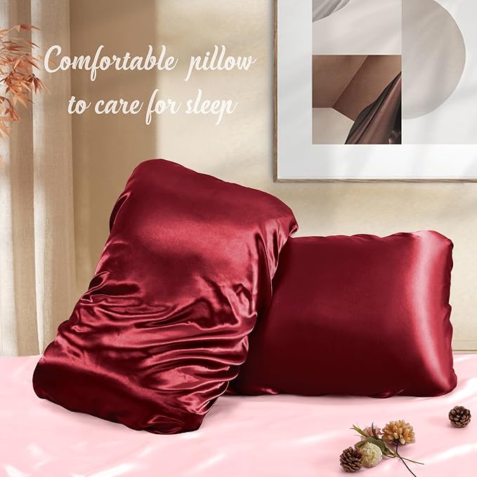 Manyshofu Satin Pillowcases for Hair Protection - 1Pcs Maroon Pillow Cases, Elastic Band Standard & Queen Satin Pillowcases Luxury Silky Pillow Cases Travel Pillow Covers