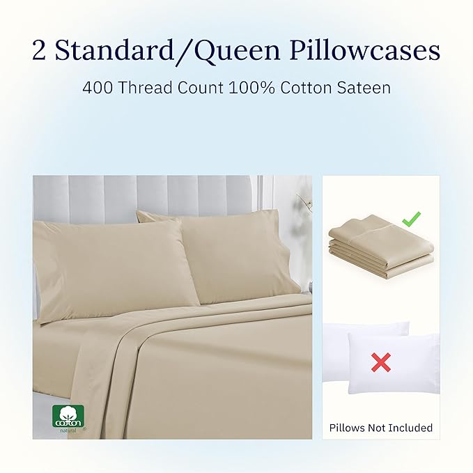 California Design Den Standard/Queen Size Pillowcase Set - 400 Thread Count Pillowcases, 100% Cotton Sateen, Set of 2 Pillow Covers, Soft and Breathable - Beige (Golden Tone)