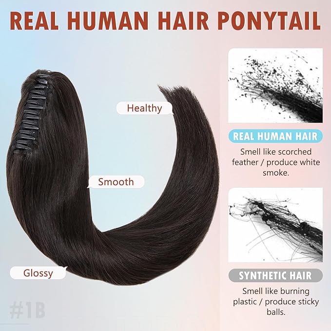 Hairro Claw Clip In Ponytails 100% Real Human Hair Ponytail Hair Extensions Natural Jaw On Ponytail Extensions Jaw/Claw Clips Pony Tail Hairpieces For Women 16 Inch 105g #1B Natural Black