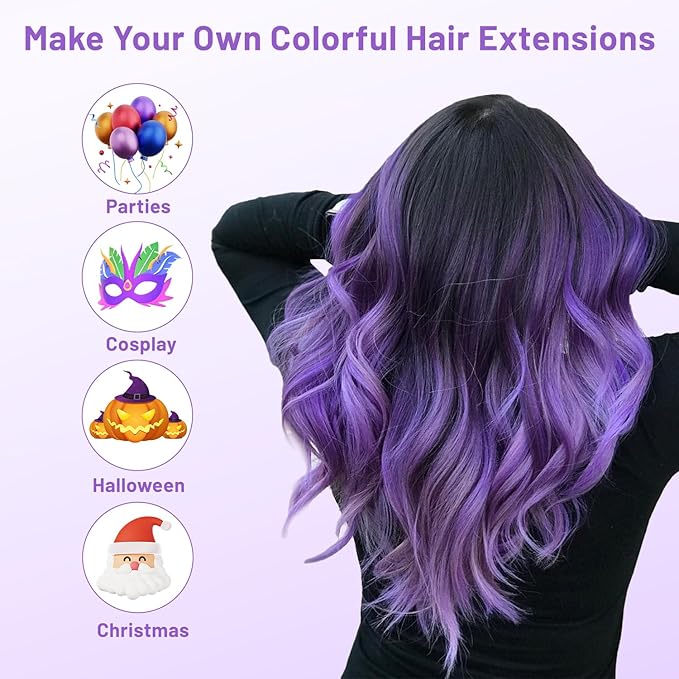 16 Pcs Colored Hair Extensions Curly Wavy Clip in Synthetic Hair Extensions,Colorful Party Highlights Hairpiece Streak for Girls Women Kids Cosplay Party Christmas Gift(Light Purple)