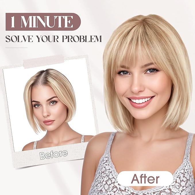 MY-LADY Human Hair Toppers for Women Real Human Hair with Bangs Thin 8.5 * 8.5CM Mono Base Clip in Remy Hairpieces Light Weight 12 Inch Golden Brown Mixed Bleach Blonde