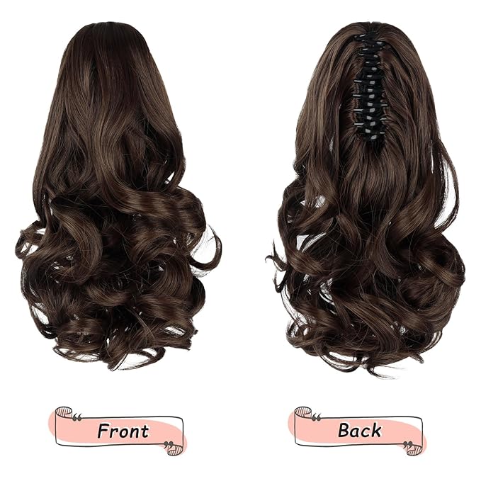 Ponytail Extension, Clip on Ponytails for Women, 12" Claw Clip in Short Curly Wavy Pony Hair Extension for Women - Light Brown