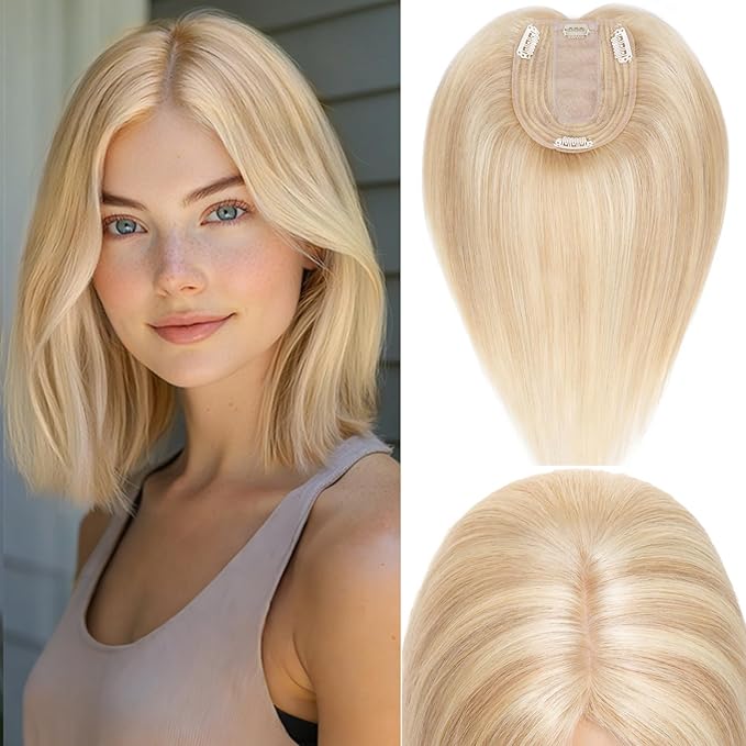 Rich Choices Hair Toppers for Women Real Human Hair 100% Human Remy Toppers NO Bangs with Thinning on Top Clip in Hairpiece 4"x4.7"Lace Base 6 Inch #18P613 Ash Blonde Highlights Bleach Blonde