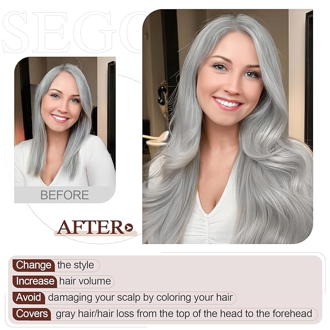 SEGO Hair Topper for Women, No Bangs Real Human Hair Topper with Anti-Slip Clips (18 Inches #Grey)