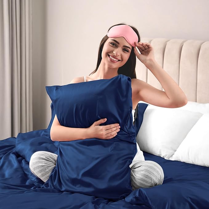 Lirex Satin Pillowcase 2-Pack, Standard Size Satin Pillowcase Soft Solid Color Microfiber Satin Pillowcase, Envelope Closure Wrinkle Free Fade Resistant Breathable, Navy Blue