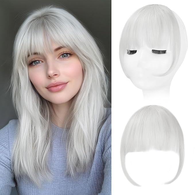 Clip in Bangs, Synthetic Wispy Bangs Hair Clip, Silver Grey Fake Bangs Fringe with Temples Hairpieces for Women Natural Curved Hair Extensions for Daily Wear