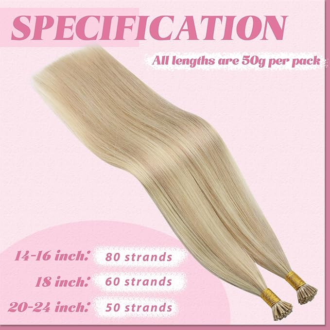 YoungSee I Tip Hair Extensions Human Hair Blonde Itip Hair Extensions Real Human Hair Ash Blonde Highlights Bleach Blond I Tip Hair Extension 22 Inch 50s 50g I-Tip Real Human Hair Extension