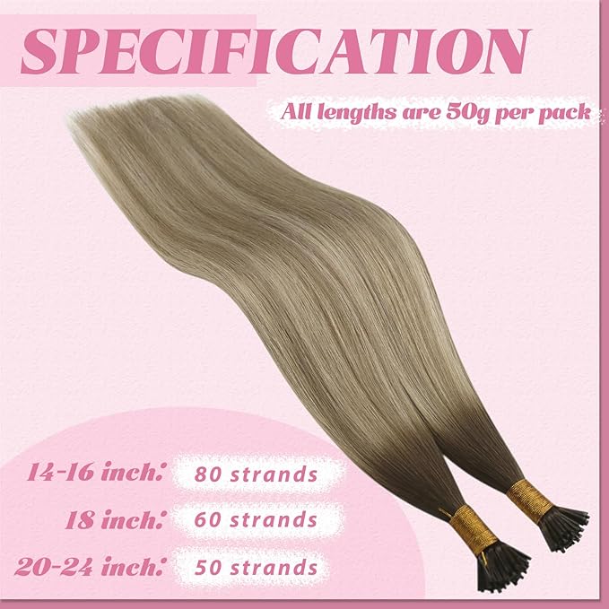 YoungSee I Tips Hair Extensions Real Human Hair Ombre 16In Itips Human Hair Extensions Dark Brown Ombre Blonde with Light Brown I Tip Hair Extension Balayage 50g 80s Straight Hair