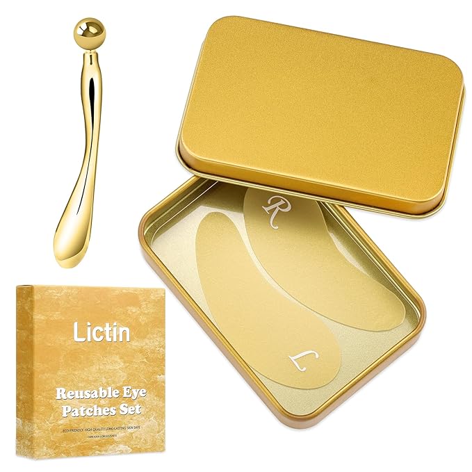 Lictin Reusable Eye Patches, Silicone Under Eye Patches with Lifting Effect to Relieve Wrinkles and Fine Lines, Pair with Metal Eye Cream Applicator,Tin Case