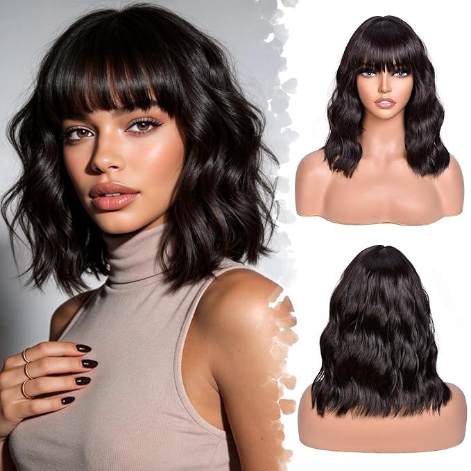 Dark Brown Bob Wig With Bangs Wave Wigs for Women 14 Inch Short Loose Wavy Heat Resistant Synthetic Wig Shoulder Length Hair for Daily and Cospaly Party Use