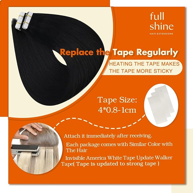 Full Shine Tape in Hair Extensions Human Hair 10 Inch Remy Tape in Human Hair Extensions for Women Color 1 Jet Black Hair Extension Real Human Hair Seamless Black Tape ins 30Gram 20Pcs
