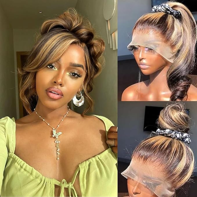 AMIRTY 250 Density Highlight Ombre Lace Front Wig Human Hair Honey Blonde Body Wave 360 HD Lace Front Wigs Human Hair Pre Plucked Brown 4/27 Colored Lace Frontal Glueless Wigs for Women 22 Inch