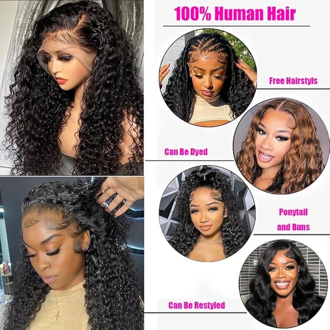 VIPbeauty 13x6 Deep Wave Lace Front Wigs Human Hair 200 Density 24 Inch Curly Wig for Women Natural Black HD Transparent Lace Glueless Frontal Wigs Human Hair Pre Plucked with Baby Hair
