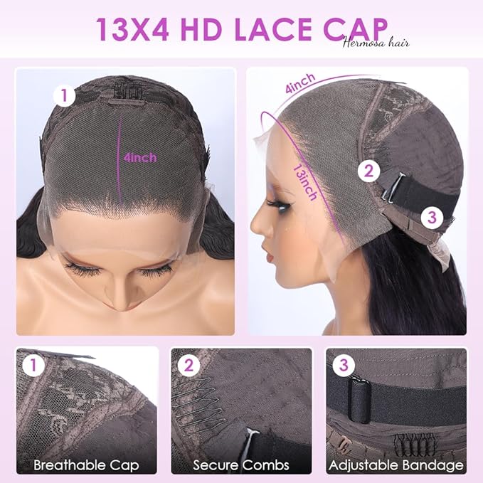 Hermosa 220% 13x4 Lace Front Wigs Human Hair Pre Plucked with Baby Hair 28 inch 12A Brazilian Straight Human Hair Wigs for Women Natural Hairline Natural Color